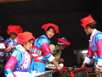 tibetan women preparing the marriage banquet